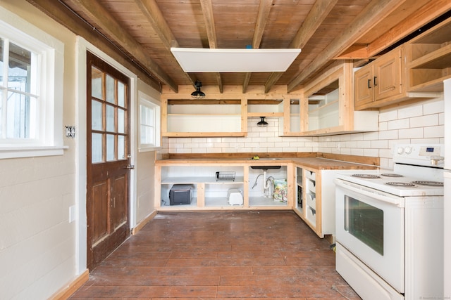 kitchen featuring light brown cabinetry, white electric stove, beamed ceiling, wooden ceiling, and dark wood-type flooring