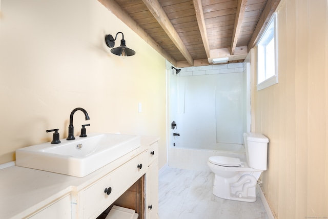 full bathroom with beam ceiling, wooden ceiling, toilet, vanity, and tub / shower combination