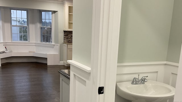 interior space with hardwood / wood-style floors, sink, and tasteful backsplash