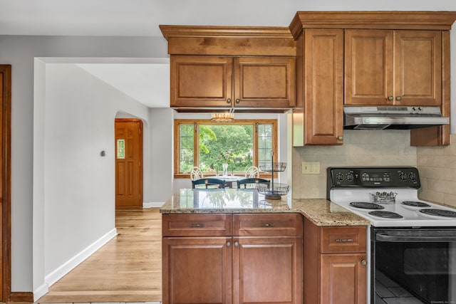 kitchen with light wood-type flooring, decorative backsplash, light stone countertops, and electric range