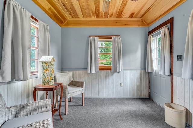 sitting room with wooden ceiling and carpet flooring