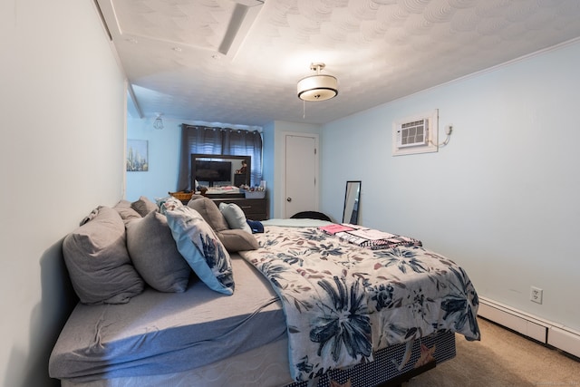 carpeted bedroom featuring an AC wall unit, a textured ceiling, and baseboard heating