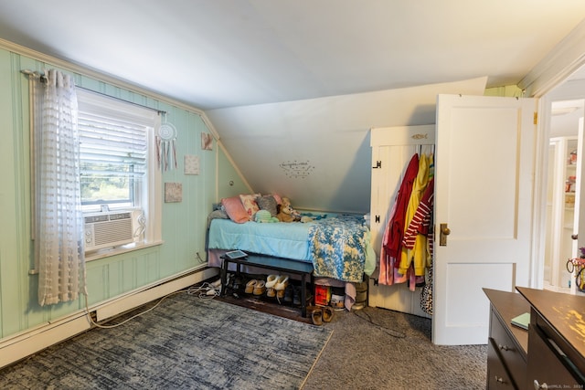 bedroom featuring a baseboard heating unit, vaulted ceiling, carpet floors, and cooling unit