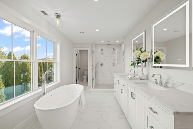 full bathroom featuring vanity, separate shower and tub, and toilet