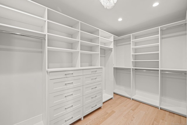 spacious closet featuring light hardwood / wood-style flooring