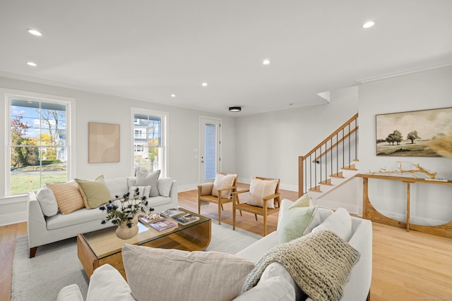 living room with crown molding and light hardwood / wood-style flooring