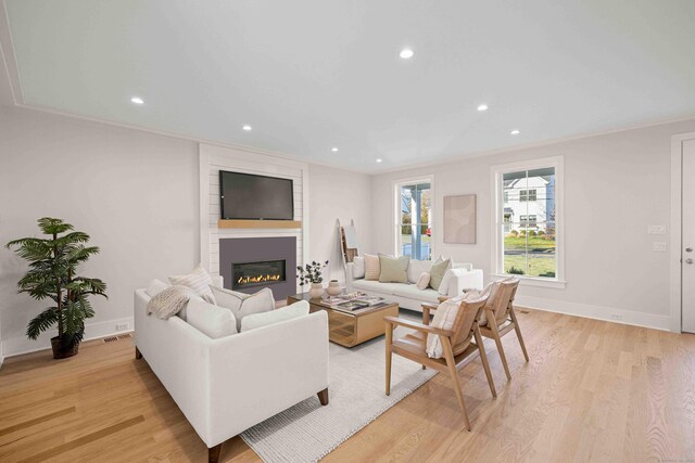 living room featuring a large fireplace, ornamental molding, and light wood-type flooring