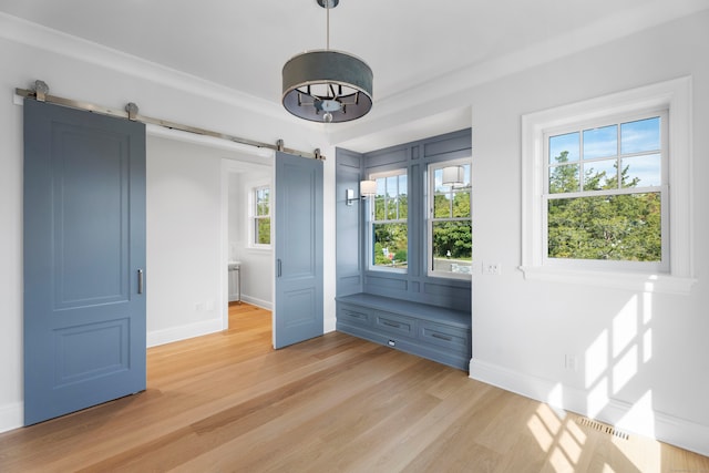 unfurnished bedroom with a barn door and light wood-type flooring