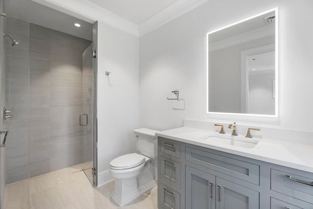 bathroom with vanity, toilet, ornamental molding, an enclosed shower, and tile patterned flooring