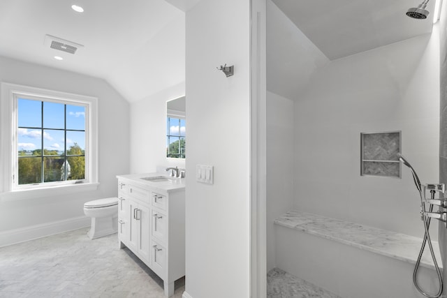 bathroom featuring a shower, vanity, toilet, and vaulted ceiling