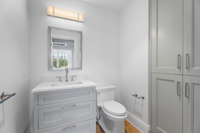 bathroom with vanity, toilet, and hardwood / wood-style flooring