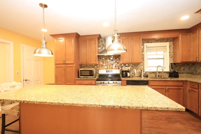 25 Muriel St, Norwalk, CT 06851 - kitchen with wall chimney range hood, a kitchen island, appliances with stainless steel finishes, tasteful backsplash, and a sink