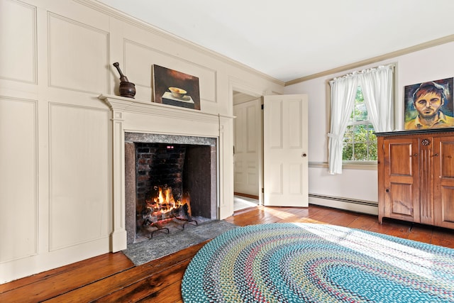 bedroom with crown molding, hardwood / wood-style flooring, a premium fireplace, and a baseboard heating unit