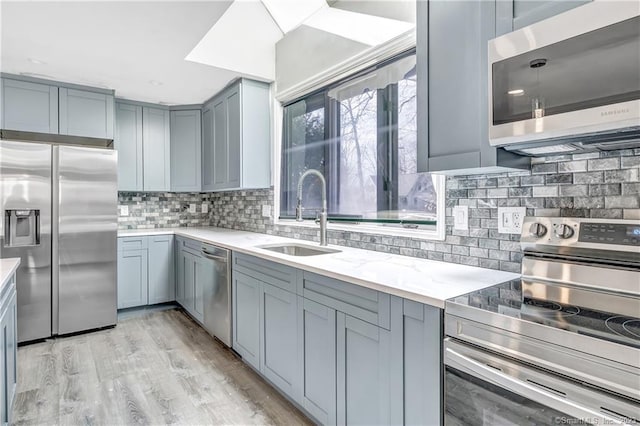 kitchen with light stone counters, sink, light hardwood / wood-style flooring, stainless steel appliances, and backsplash