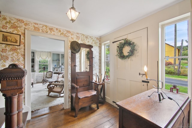 entryway with hardwood / wood-style flooring, a healthy amount of sunlight, and crown molding