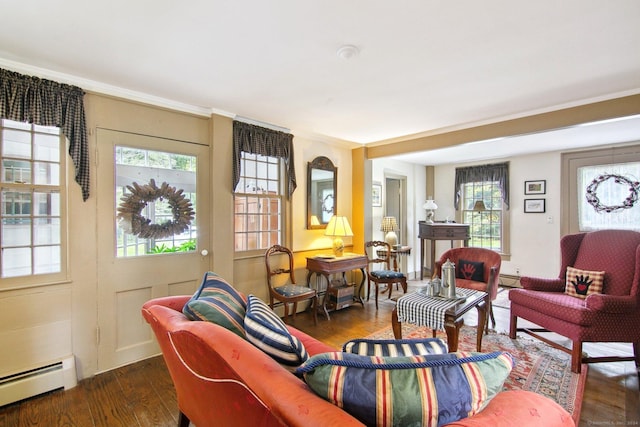 66 Artillery Rd, Middlebury, CT 06762 - living room with a baseboard heating unit, dark wood finished floors, and ornamental molding