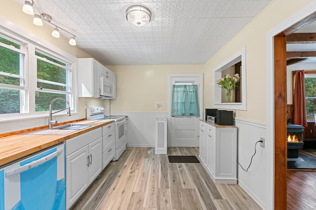 kitchen featuring light wood-type flooring, a healthy amount of sunlight, white appliances, and sink