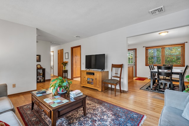 living room featuring a textured ceiling and light hardwood / wood-style flooring