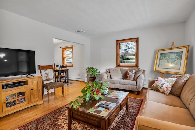 living room featuring baseboard heating and hardwood / wood-style floors