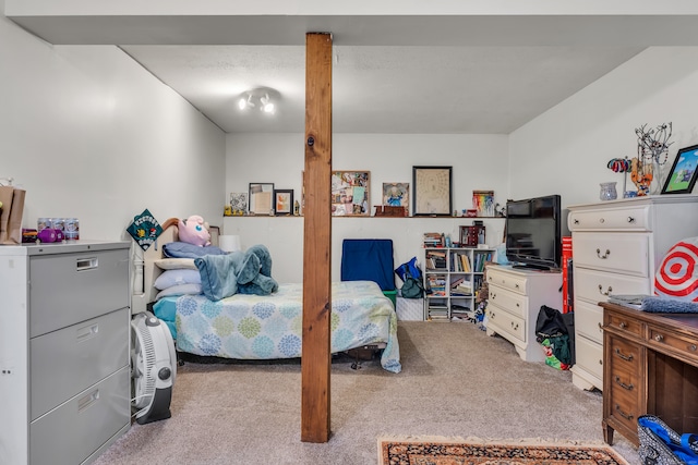 bedroom with light colored carpet