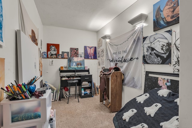 bedroom with carpet and a textured ceiling