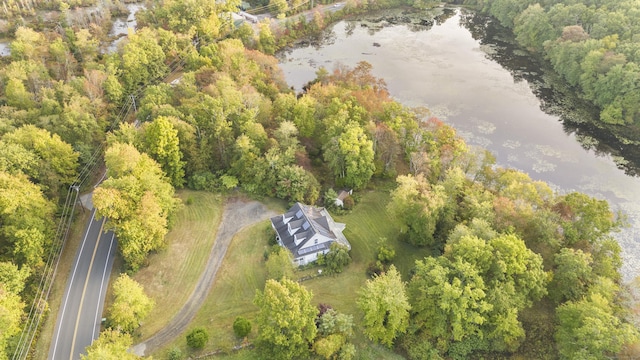 drone / aerial view with a water view