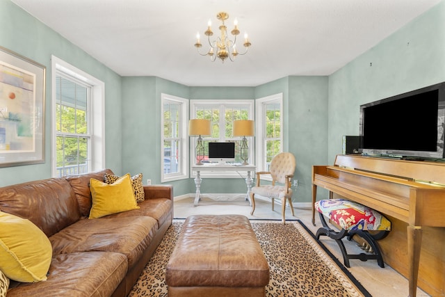 living room featuring an inviting chandelier