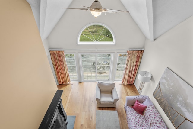 living area with plenty of natural light, ceiling fan, and light wood-type flooring