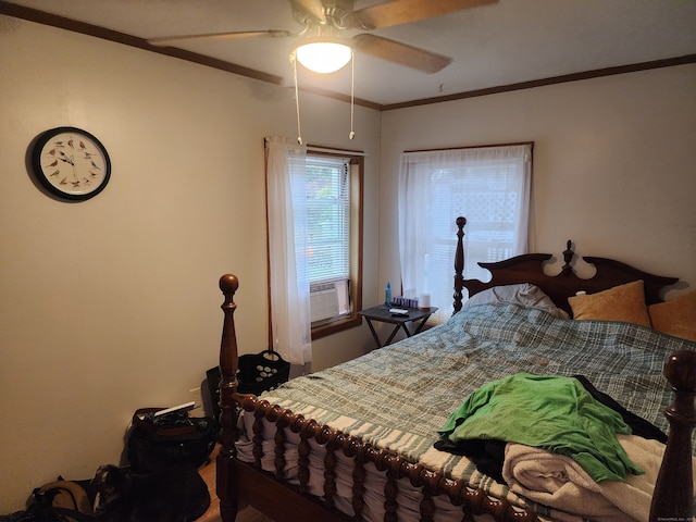 bedroom featuring ceiling fan, cooling unit, and ornamental molding