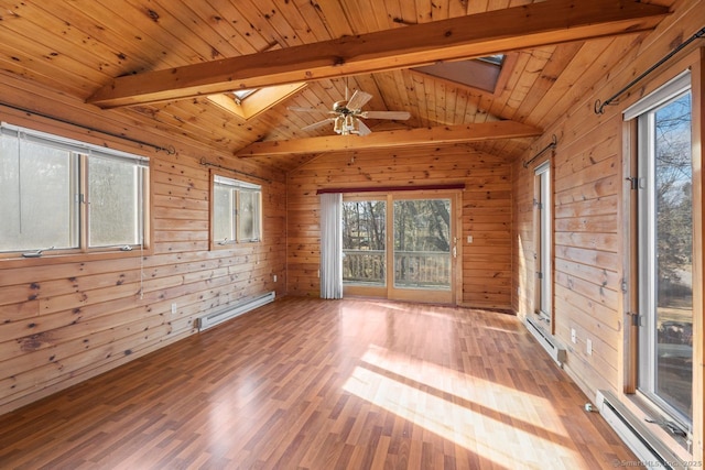 unfurnished sunroom featuring a baseboard heating unit, vaulted ceiling with skylight, and wood ceiling