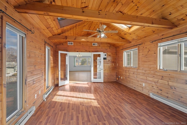 unfurnished sunroom with wood ceiling, vaulted ceiling with skylight, and baseboard heating