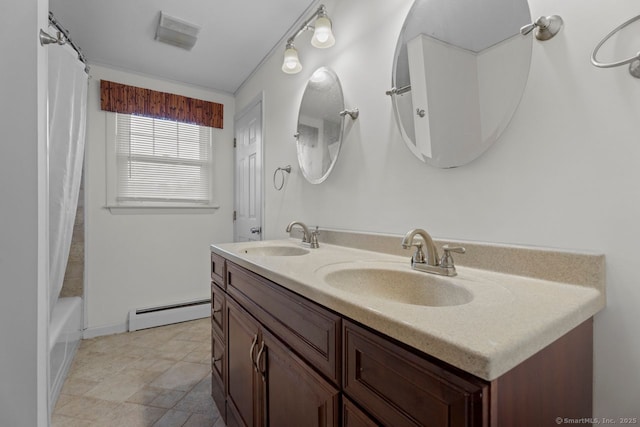 bathroom with vanity, a baseboard heating unit, and shower / bathtub combination with curtain