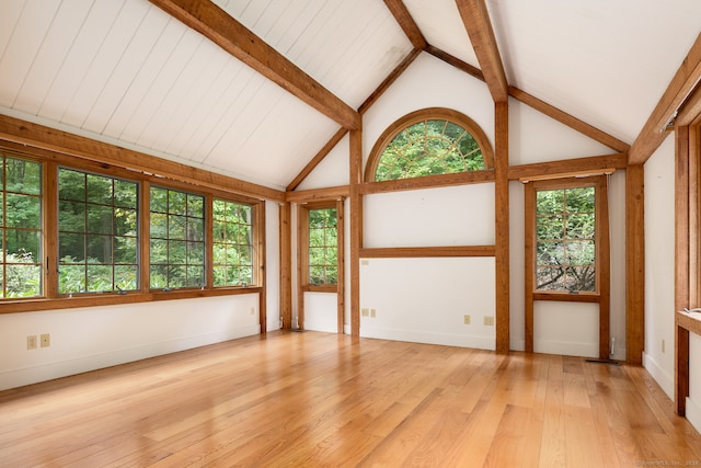 spare room with high vaulted ceiling, light hardwood / wood-style floors, and beamed ceiling