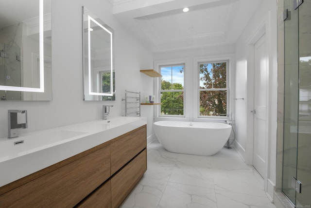 bathroom featuring shower with separate bathtub, vanity, and a tray ceiling