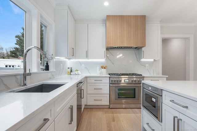 kitchen with white cabinets, decorative backsplash, stainless steel appliances, and sink