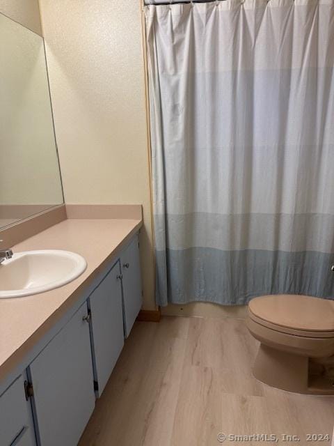 bathroom with toilet, vanity, and hardwood / wood-style flooring