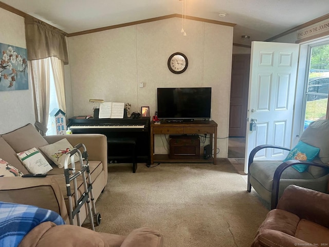 living room featuring crown molding and carpet flooring
