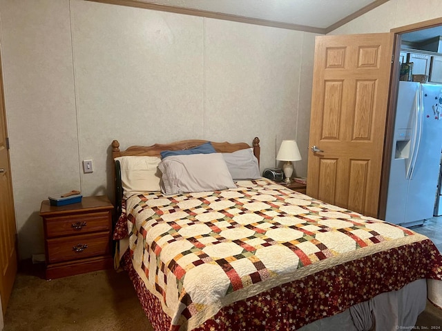 carpeted bedroom featuring ornamental molding and white refrigerator with ice dispenser