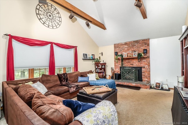 carpeted living room featuring a brick fireplace, beamed ceiling, and high vaulted ceiling