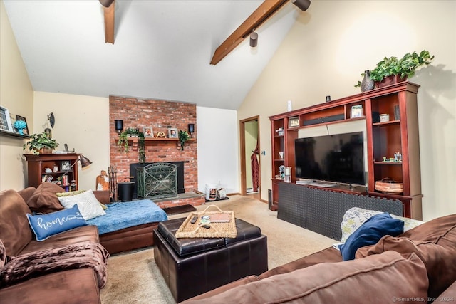 carpeted living room with a fireplace, beam ceiling, and high vaulted ceiling