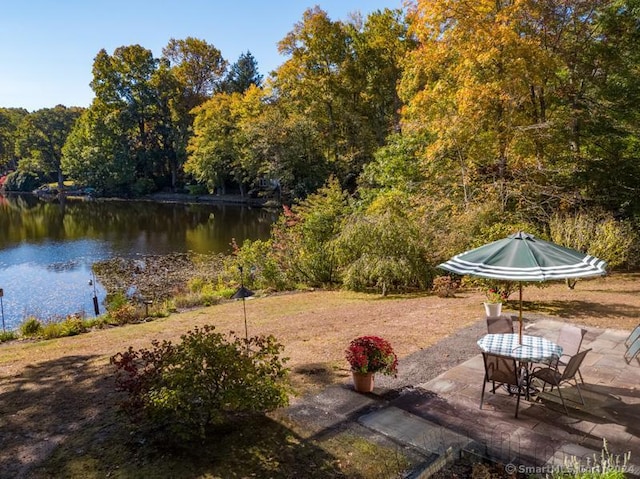 view of patio / terrace featuring a water view