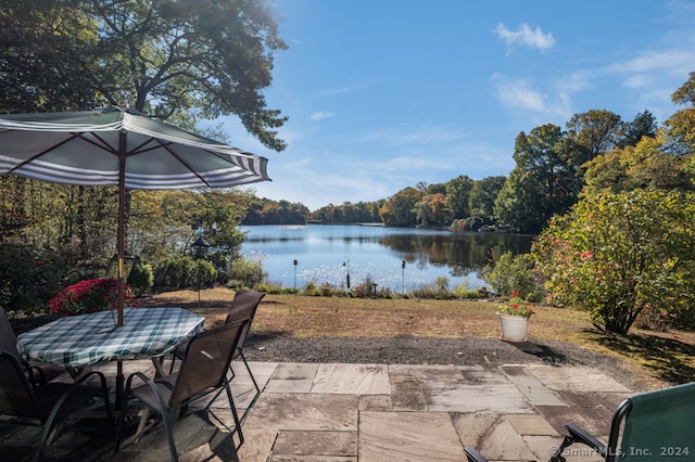 view of patio / terrace featuring a water view