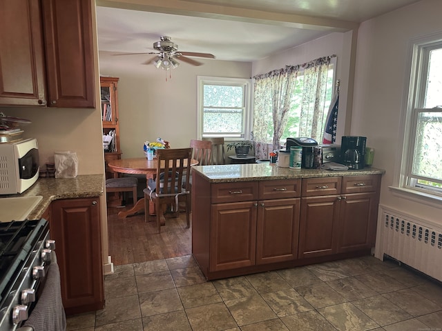 kitchen featuring ceiling fan, high end range, radiator heating unit, and a healthy amount of sunlight