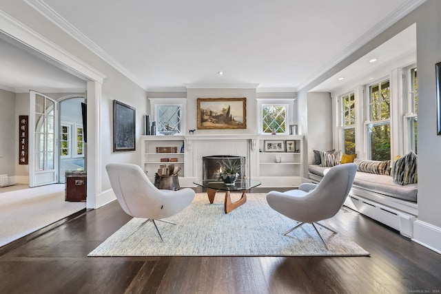 147 Old Church Rd, Greenwich, CT 06830 - living room with a fireplace, ornamental molding, baseboards, wood finished floors, and recessed lighting