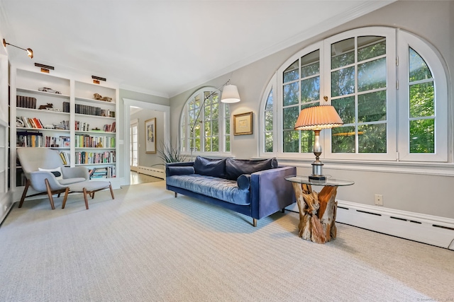 147 Old Church Rd, Greenwich, CT 06830 - living area featuring crown molding, baseboard heating, and carpet floors