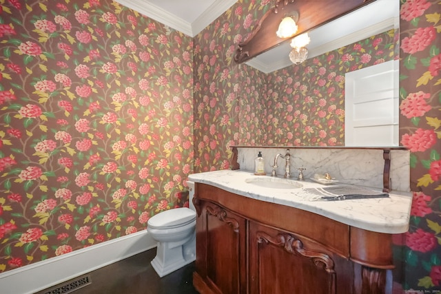 147 Old Church Rd, Greenwich, CT 06830 - bathroom featuring wallpapered walls, ornamental molding, toilet, vanity, and baseboards