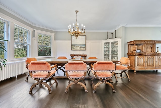 147 Old Church Rd, Greenwich, CT 06830 - dining room featuring a chandelier, dark wood-style flooring, a decorative wall, radiator heating unit, and ornamental molding