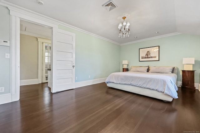 147 Old Church Rd, Greenwich, CT 06830 - bedroom with wood finished floors, baseboards, crown molding, and a chandelier