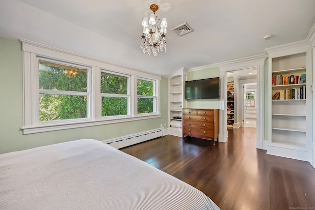 147 Old Church Rd, Greenwich, CT 06830 - bedroom featuring baseboard heating, dark wood finished floors, and a chandelier