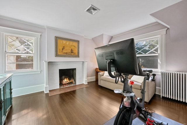 147 Old Church Rd, Greenwich, CT 06830 - exercise room featuring radiator, wood finished floors, a fireplace with flush hearth, and ornamental molding